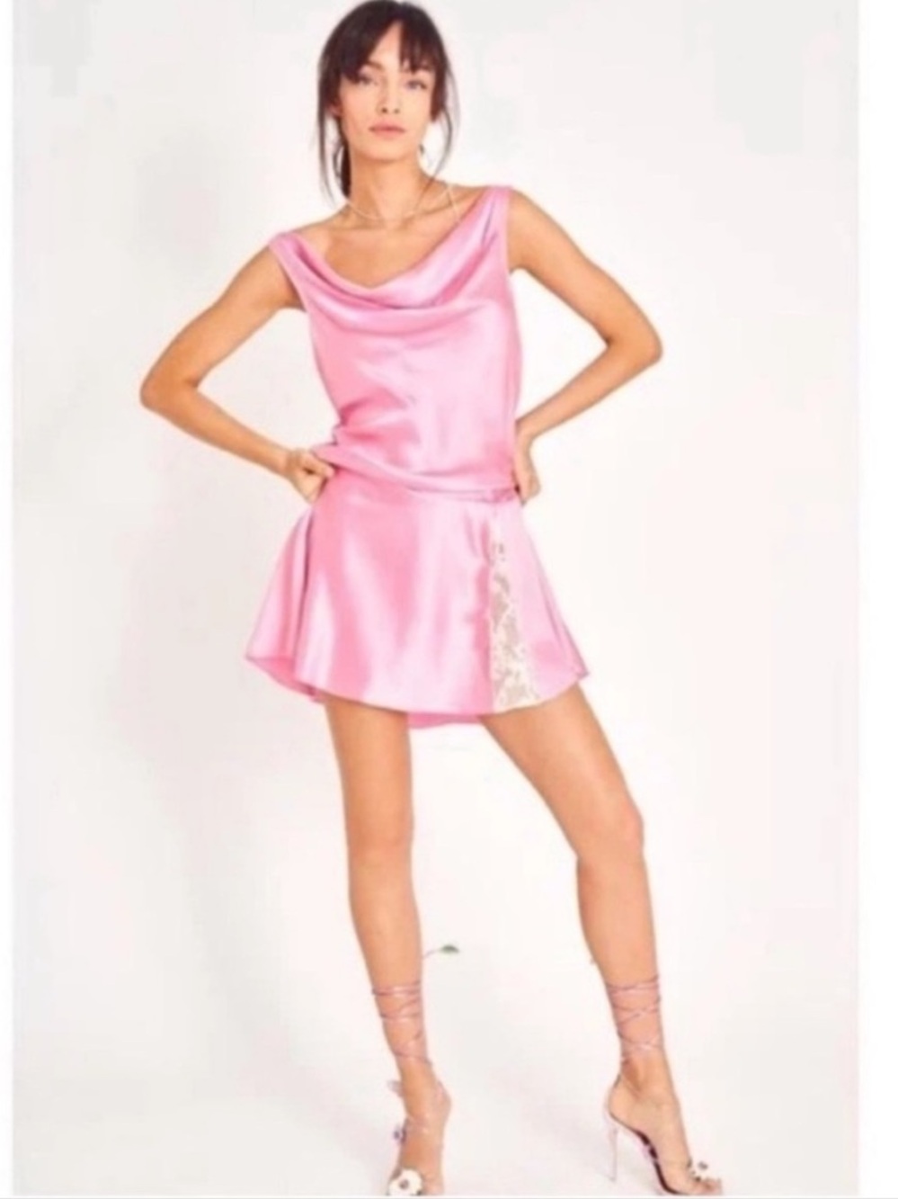 LoveShackFancy Lionel Pink Cowl Neck lace-trimmed silk Mini Dress Size 14 - Picture 2 of 13